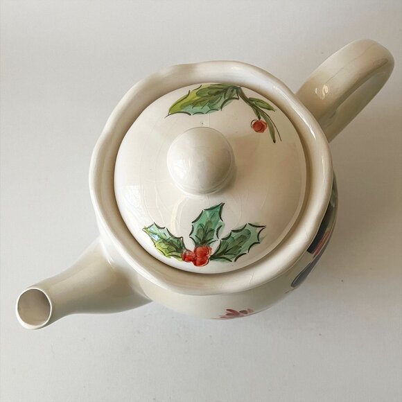 Vintage Hand Painted Christmas Teapot Top Hat Snowman Holly Berries by Maxcera - Picture 3 of 8